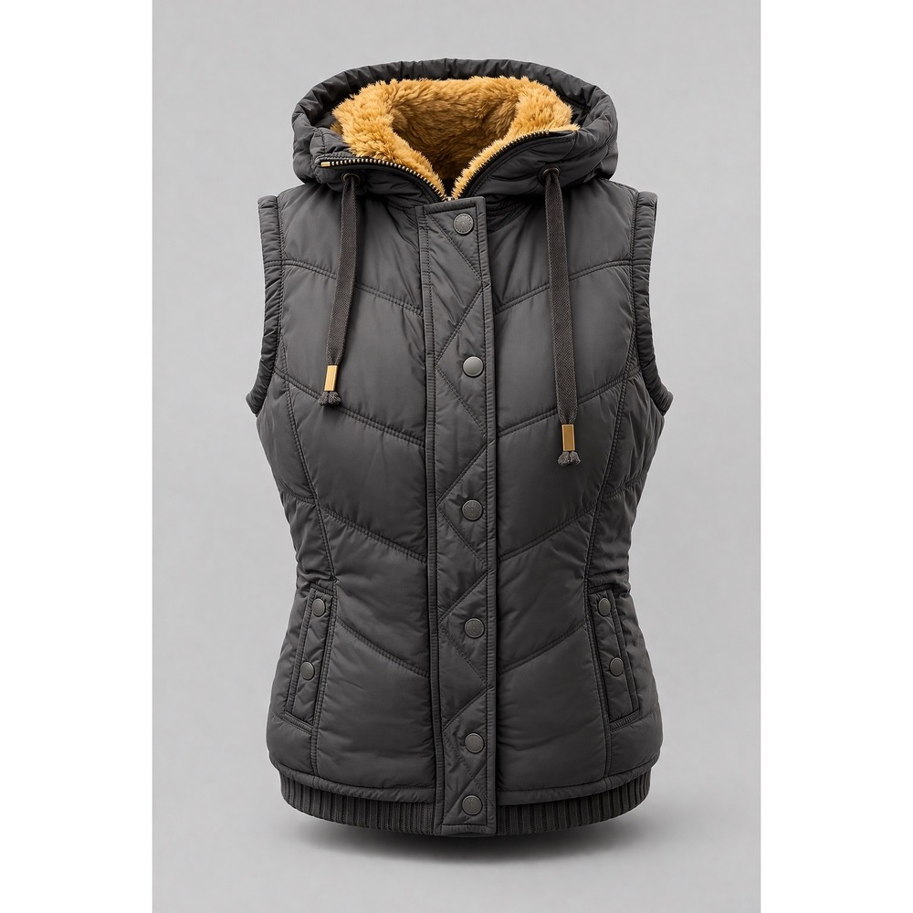 American Eagle Womens Gray Quilted Puffer Vest Faux Fur Hooded Small S P Zip‎ Up